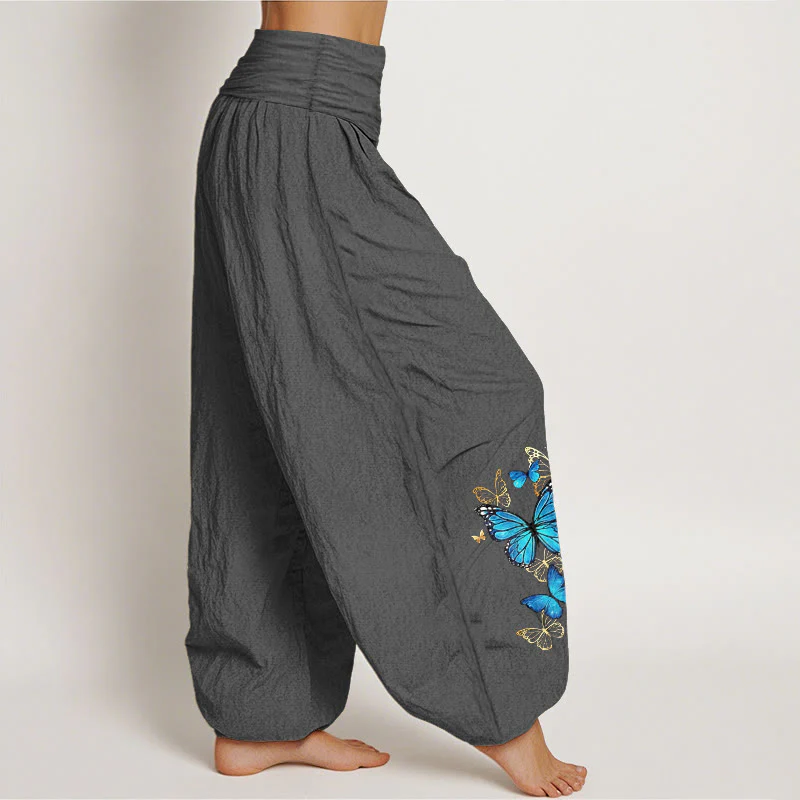 Buddha Stones Pantaloni harem da donna in cotone con fantasia a farfalle e elastico in vita. - Image 10