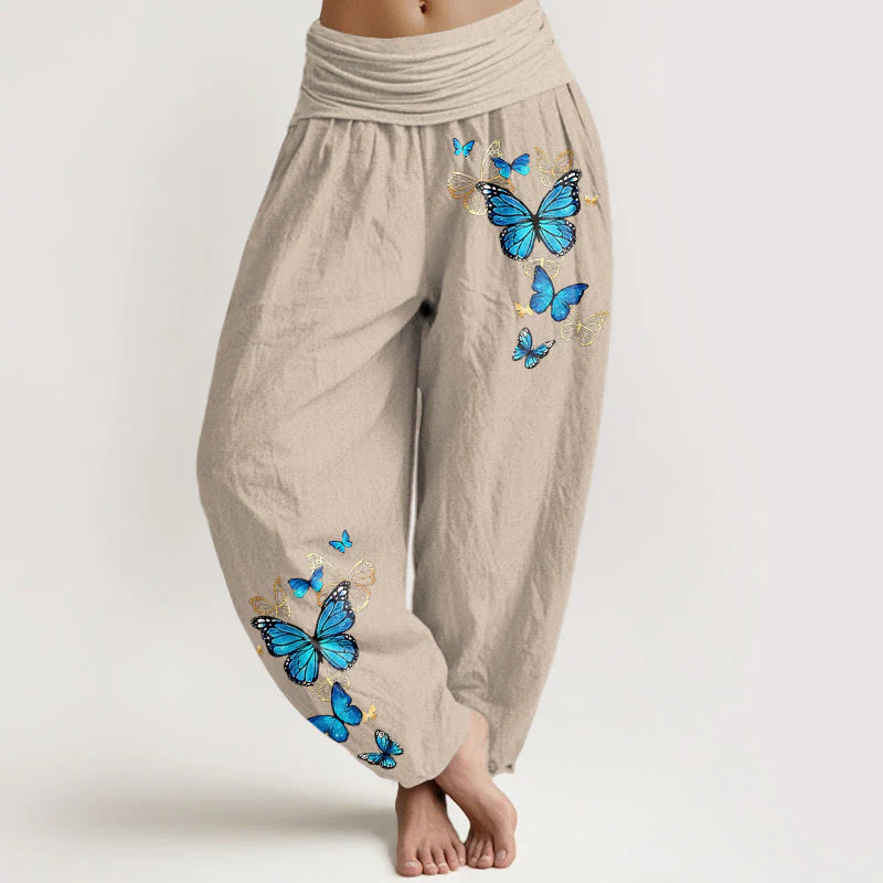 Buddha Stones Pantaloni harem da donna in cotone con fantasia a farfalle e elastico in vita. - Image 12