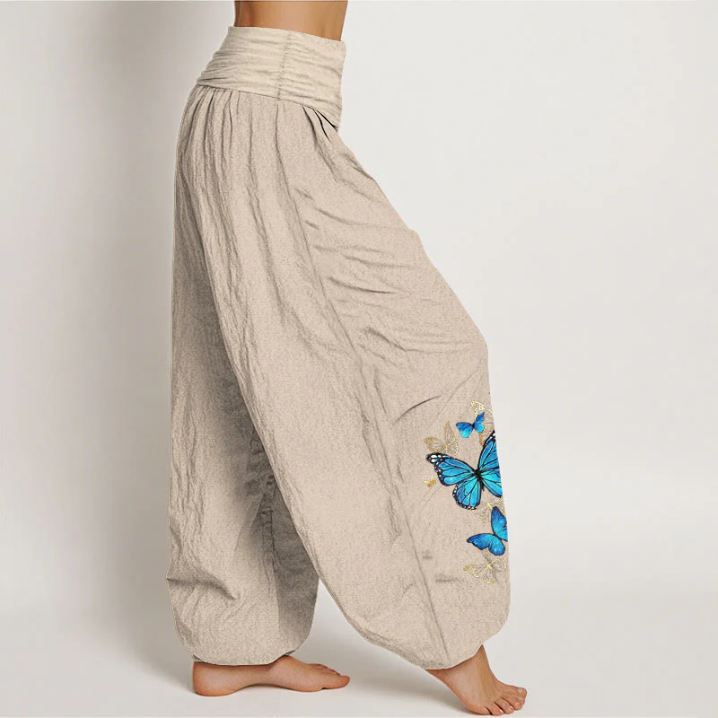 Buddha Stones Pantaloni harem da donna in cotone con fantasia a farfalle e elastico in vita. - Image 13