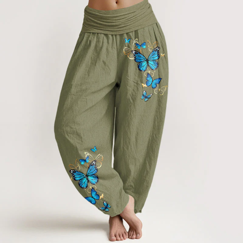 Buddha Stones Pantaloni harem da donna in cotone con fantasia a farfalle e elastico in vita. - Image 15