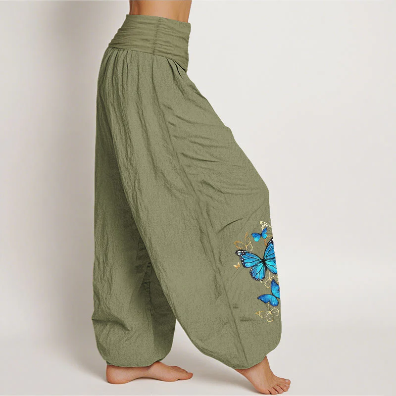 Buddha Stones Pantaloni harem da donna in cotone con fantasia a farfalle e elastico in vita. - Image 16