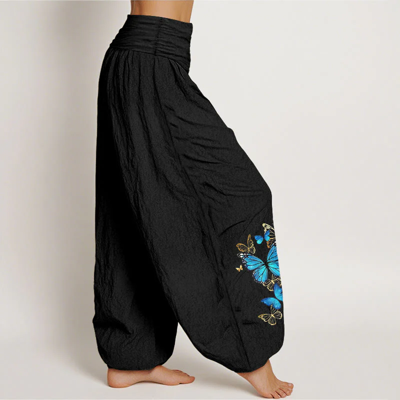 Buddha Stones Pantaloni harem da donna in cotone con fantasia a farfalle e elastico in vita. - Image 2