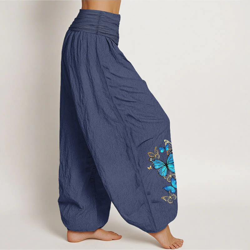 Buddha Stones Pantaloni harem da donna in cotone con fantasia a farfalle e elastico in vita. - Image 7