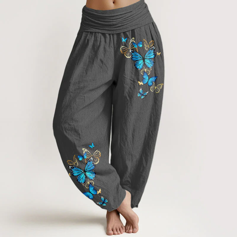 Buddha Stones Pantaloni harem da donna in cotone con fantasia a farfalle e elastico in vita. - Image 9