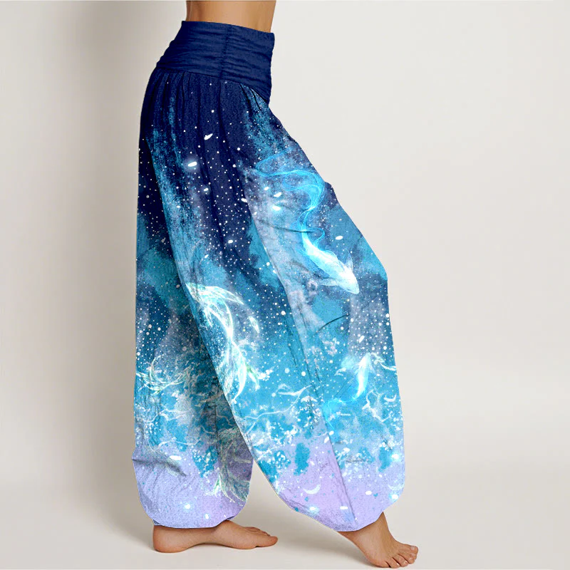 Buddha Stones Pantaloni harem da donna in cotone con motivo a carpe koi e vita elasticizzata. - Image 3