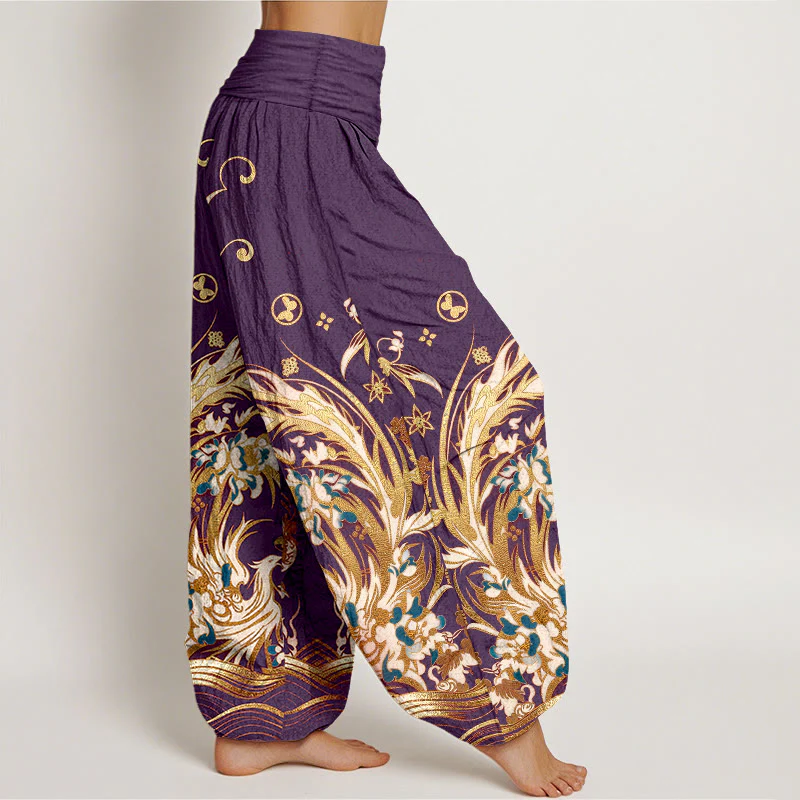 Buddha Stones Pantaloni harem da donna in cotone con motivo a farfalla fenice e fiori, con elastico in vita. - Image 11