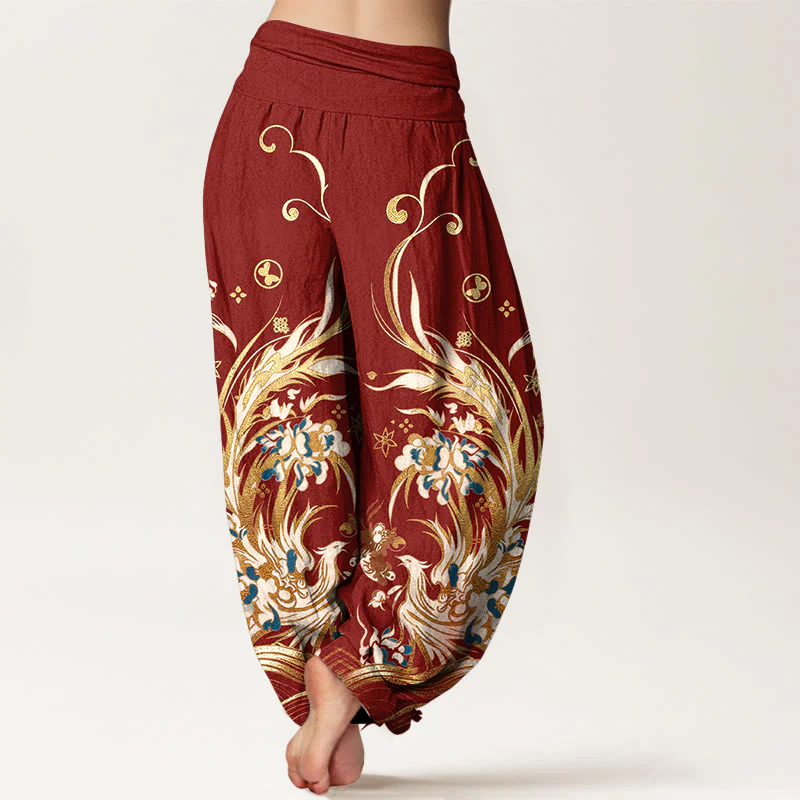 Buddha Stones Pantaloni harem da donna in cotone con motivo a farfalla fenice e fiori, con elastico in vita. - Image 7