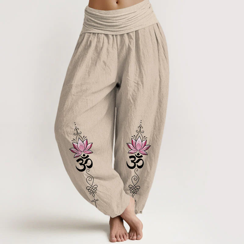 Buddha Stones Pantaloni harem da donna in cotone con motivo a fiore di loto e scritta OM in sanscrito, con elastico in vita. - Image 15