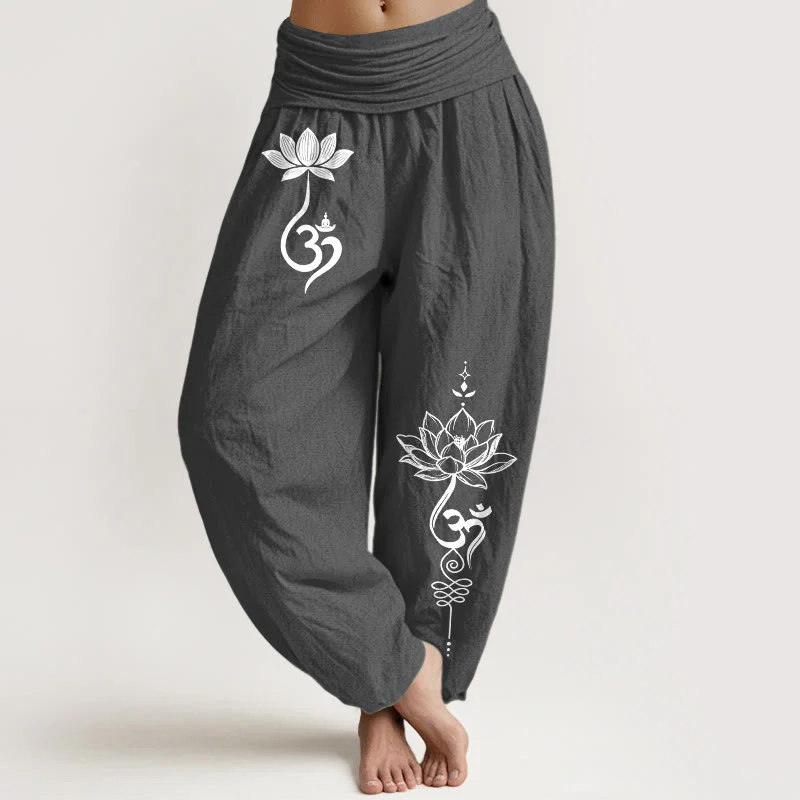 Buddha Stones Pantaloni harem da donna in cotone con motivo a fiore di loto Om e vita elasticizzata