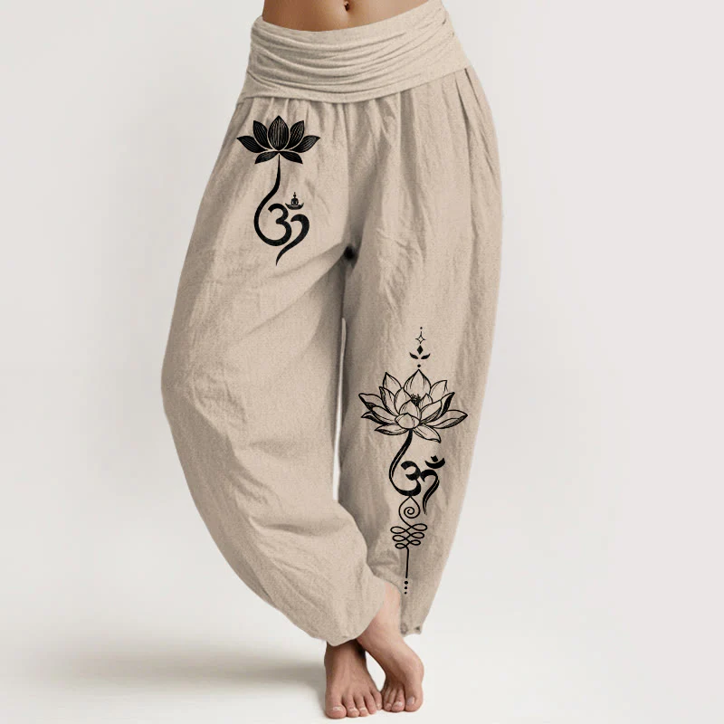 Buddha Stones Pantaloni harem da donna in cotone con motivo a fiore di loto Om e vita elasticizzata - Image 12