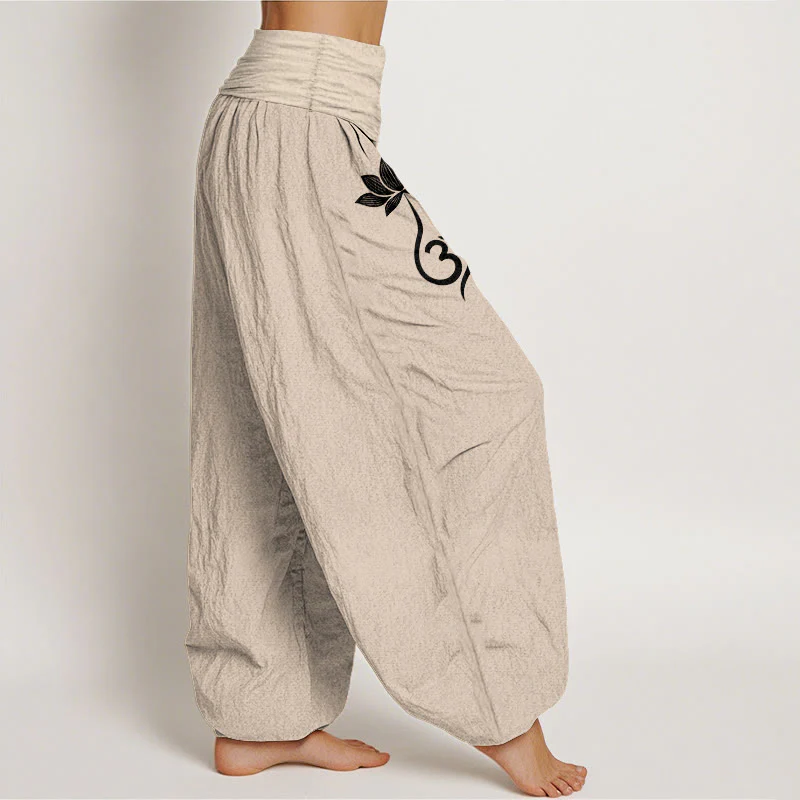 Buddha Stones Pantaloni harem da donna in cotone con motivo a fiore di loto Om e vita elasticizzata - Image 13