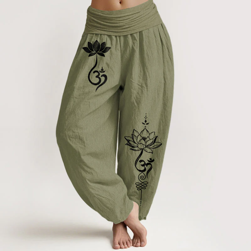 Buddha Stones Pantaloni harem da donna in cotone con motivo a fiore di loto Om e vita elasticizzata - Image 15