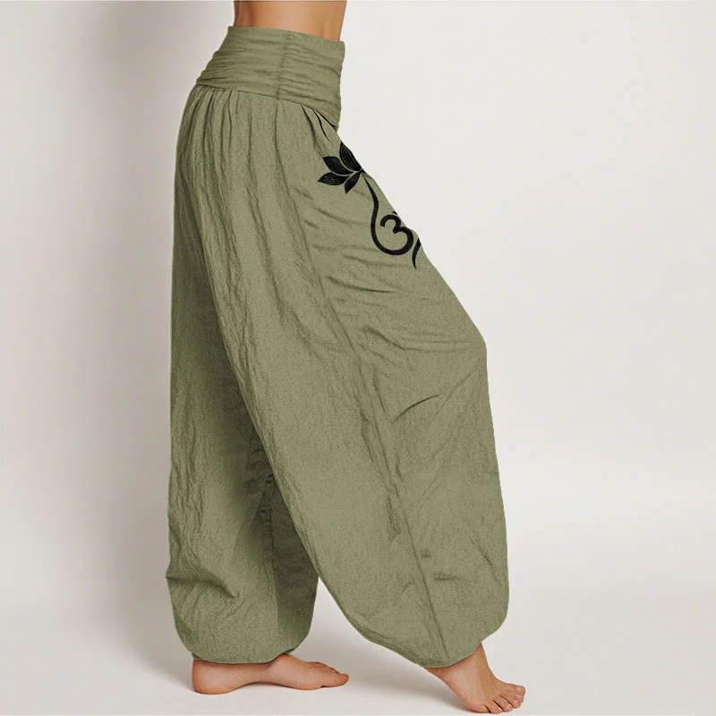 Buddha Stones Pantaloni harem da donna in cotone con motivo a fiore di loto Om e vita elasticizzata - Image 16