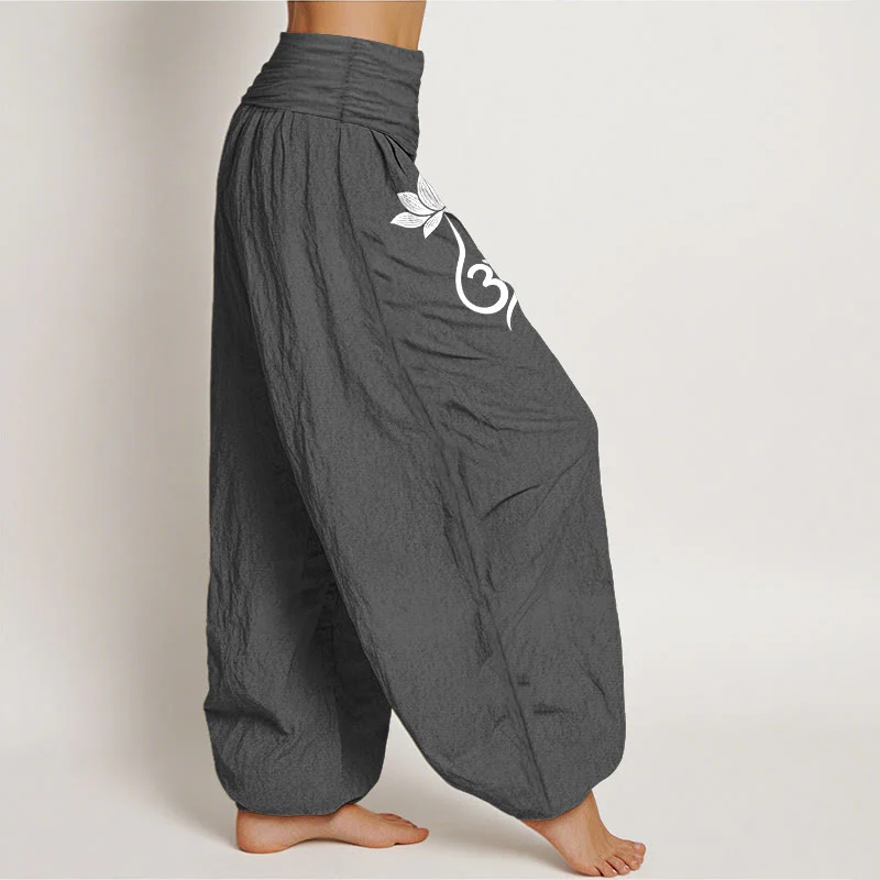 Buddha Stones Pantaloni harem da donna in cotone con motivo a fiore di loto Om e vita elasticizzata - Image 2
