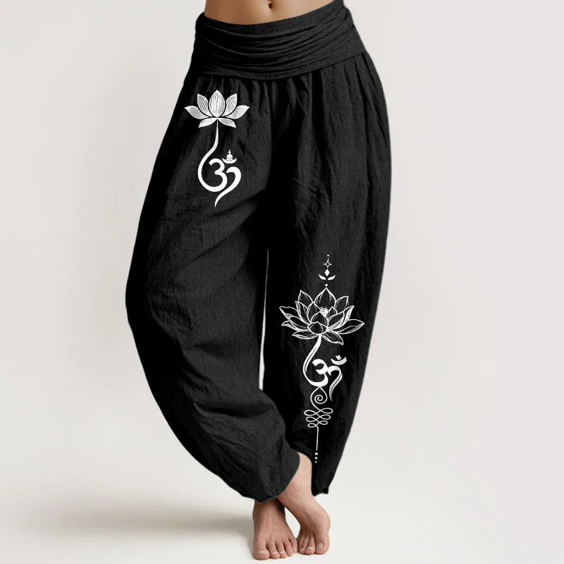 Buddha Stones Pantaloni harem da donna in cotone con motivo a fiore di loto Om e vita elasticizzata - Image 6