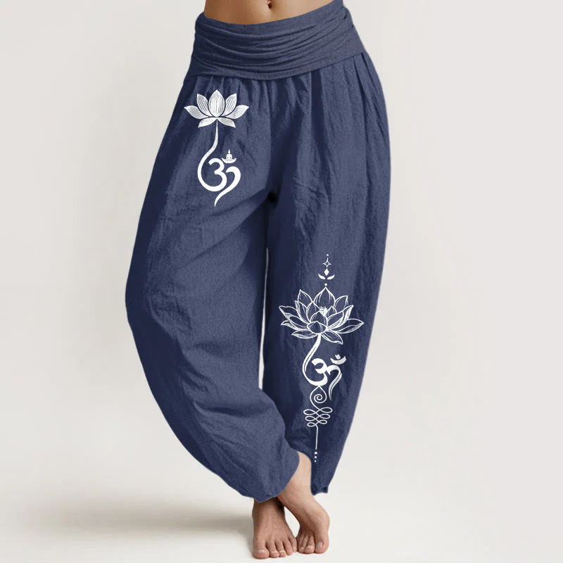 Buddha Stones Pantaloni harem da donna in cotone con motivo a fiore di loto Om e vita elasticizzata - Image 9