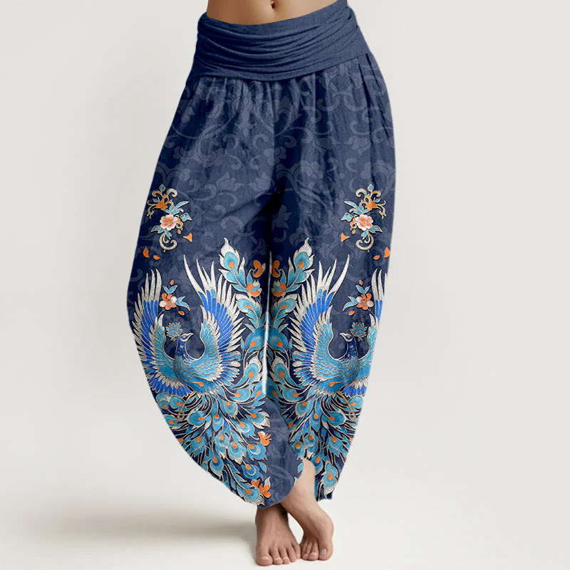 Buddha Stones Pantaloni harem da donna in cotone con motivo a fiori di pesco e fenice, con elastico in vita.