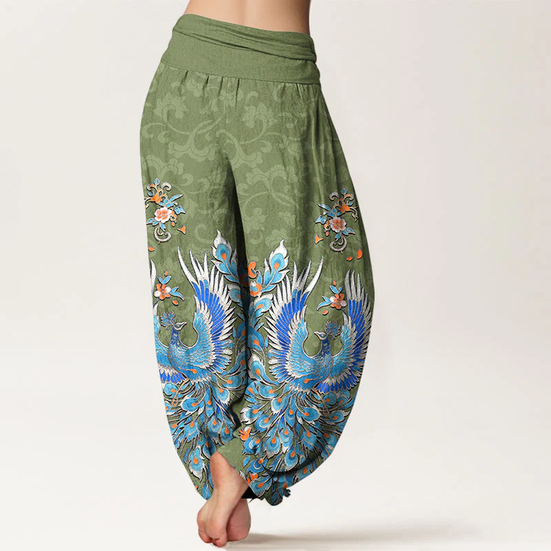 Buddha Stones Pantaloni harem da donna in cotone con motivo a fiori di pesco e fenice, con elastico in vita. - Image 10