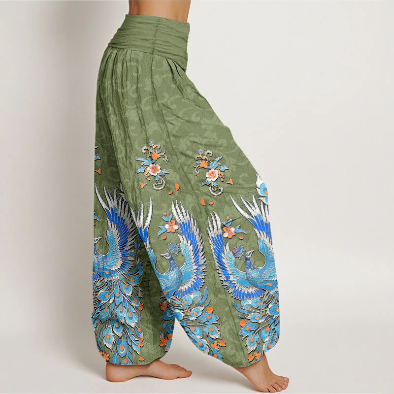 Buddha Stones Pantaloni harem da donna in cotone con motivo a fiori di pesco e fenice, con elastico in vita. - Image 11