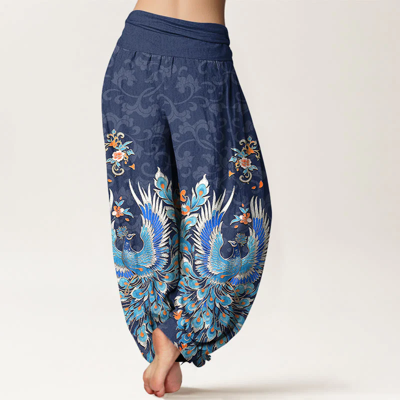 Buddha Stones Pantaloni harem da donna in cotone con motivo a fiori di pesco e fenice, con elastico in vita. - Image 2
