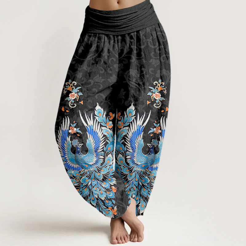 Buddha Stones Pantaloni harem da donna in cotone con motivo a fiori di pesco e fenice, con elastico in vita. - Image 6
