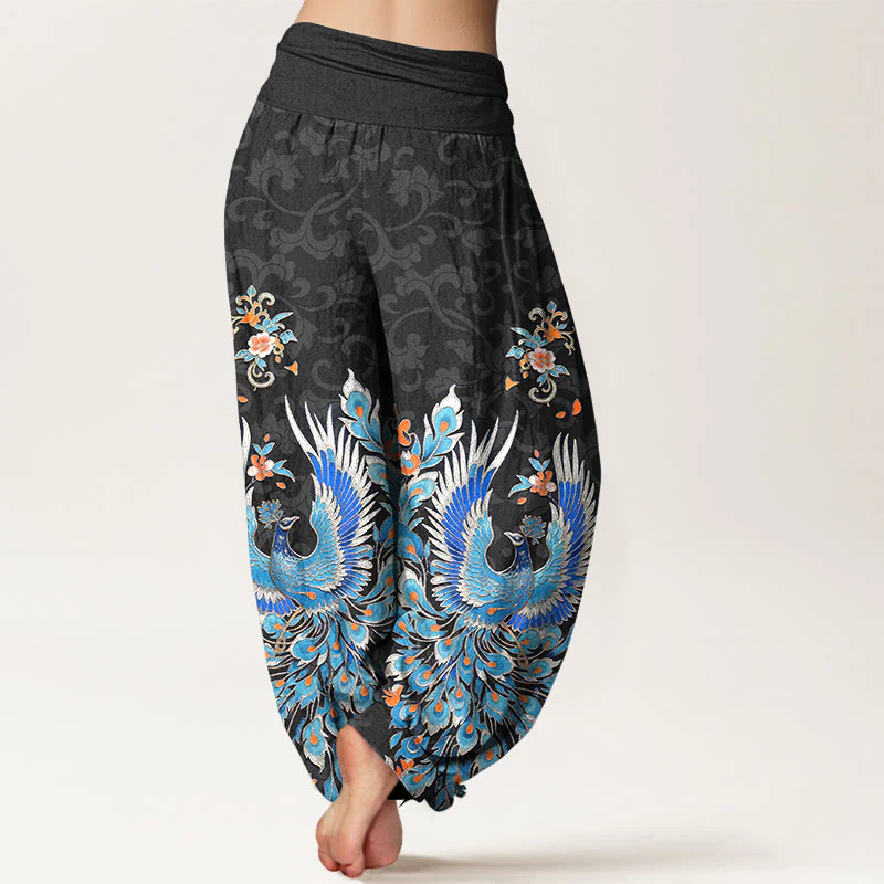 Buddha Stones Pantaloni harem da donna in cotone con motivo a fiori di pesco e fenice, con elastico in vita. - Image 7
