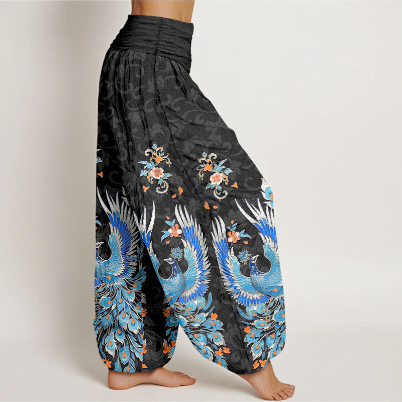 Buddha Stones Pantaloni harem da donna in cotone con motivo a fiori di pesco e fenice, con elastico in vita. - Image 8