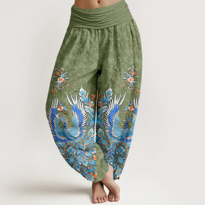 Buddha Stones Pantaloni harem da donna in cotone con motivo a fiori di pesco e fenice, con elastico in vita. - Image 9