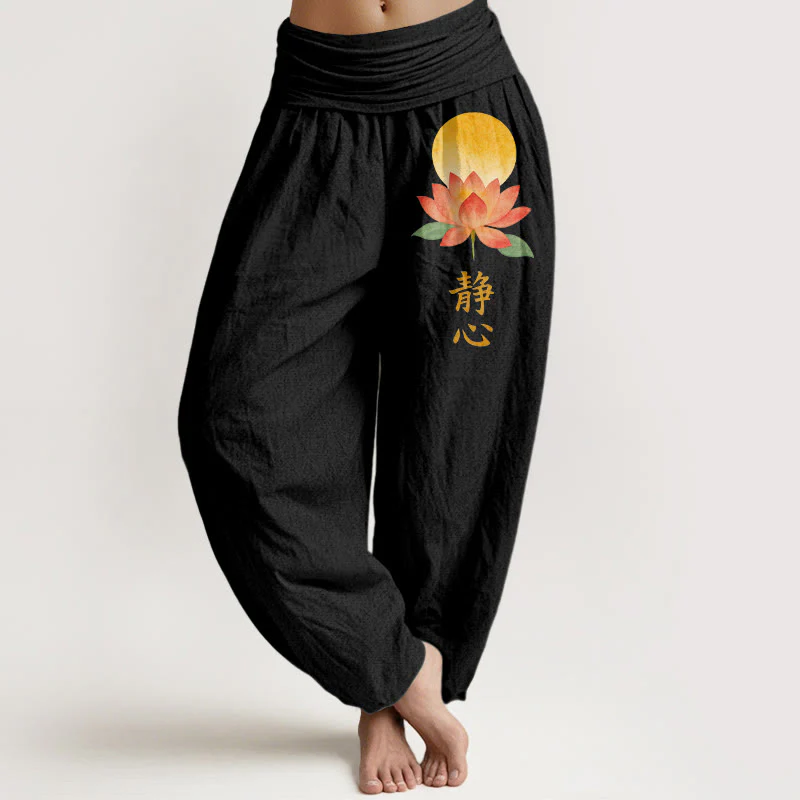 Buddha Stones Pantaloni harem da donna in cotone con motivo a luna piena e fiore di loto, con elastico in vita.
