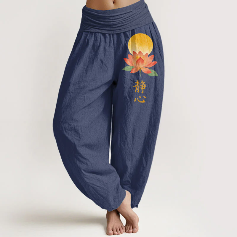 Buddha Stones Pantaloni harem da donna in cotone con motivo a luna piena e fiore di loto, con elastico in vita. - Image 6