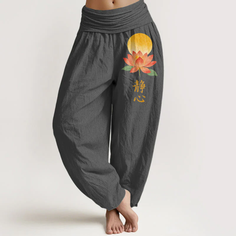 Buddha Stones Pantaloni harem da donna in cotone con motivo a luna piena e fiore di loto, con elastico in vita. - Image 9