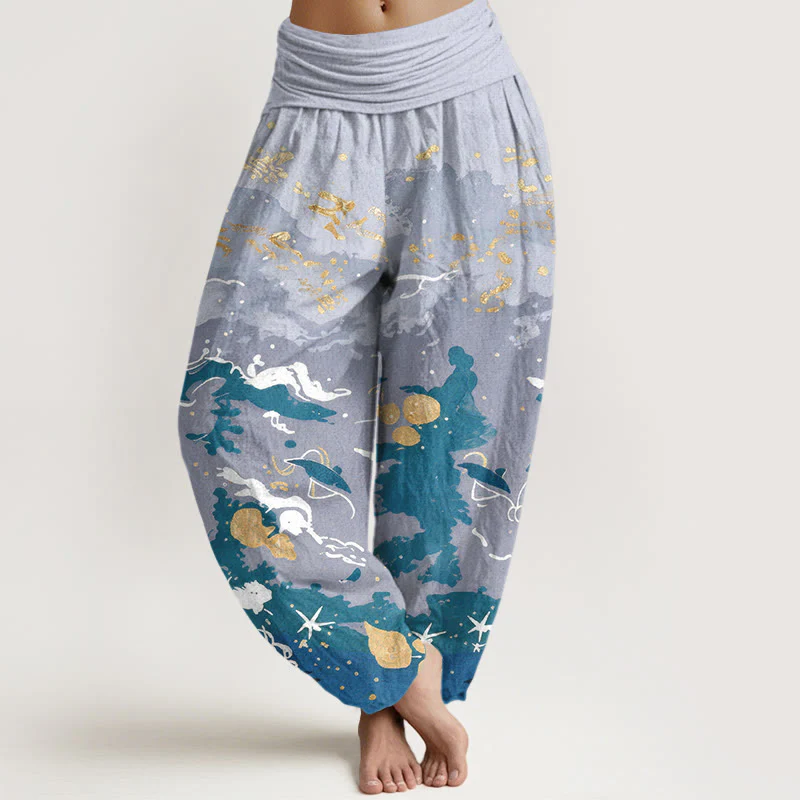 Buddha Stones Pantaloni harem da donna in cotone con motivo a onde e cielo, con elastico in vita.