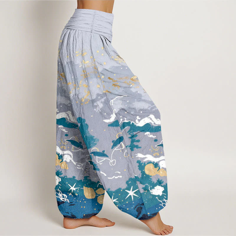 Buddha Stones Pantaloni harem da donna in cotone con motivo a onde e cielo, con elastico in vita. - Image 3