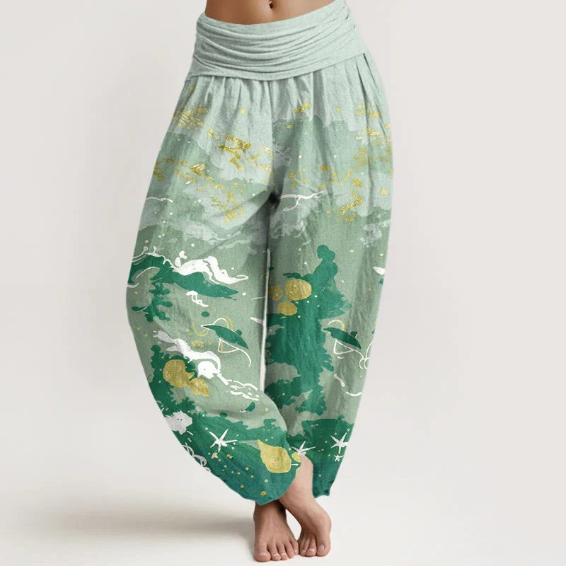 Buddha Stones Pantaloni harem da donna in cotone con motivo a onde e cielo, con elastico in vita. - Image 6