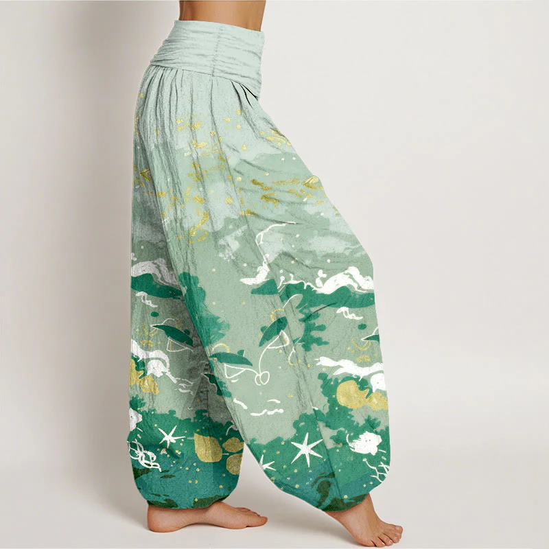 Buddha Stones Pantaloni harem da donna in cotone con motivo a onde e cielo, con elastico in vita. - Image 8