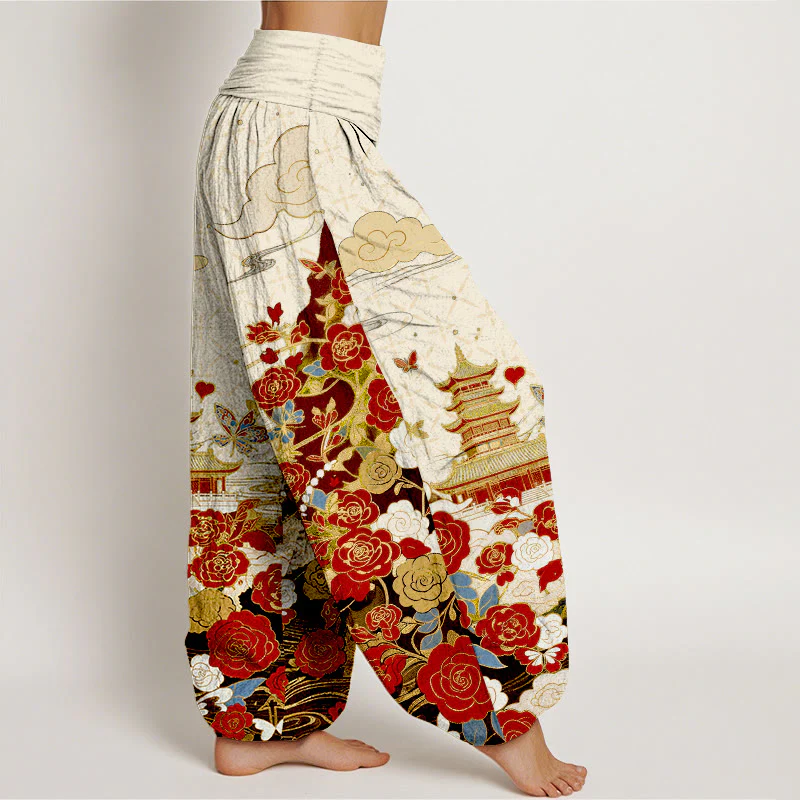 Buddha Stones Pantaloni harem da donna in cotone con motivo farfalle, rose, pagoda e cuori, con elastico in vita. - Image 8