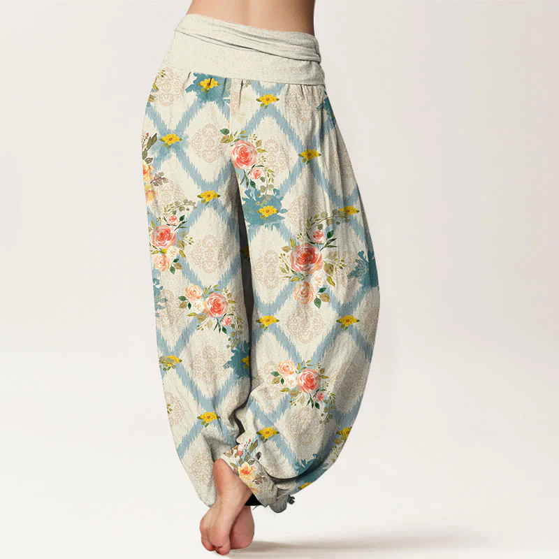 Buddha Stones Pantaloni harem da donna in cotone con motivo floreale geometrico e colorato a rose e vita elasticizzata. - Image 2