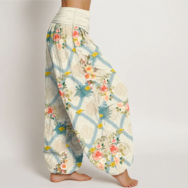 Buddha Stones Pantaloni harem da donna in cotone con motivo floreale geometrico e colorato a rose e vita elasticizzata. - Image 3