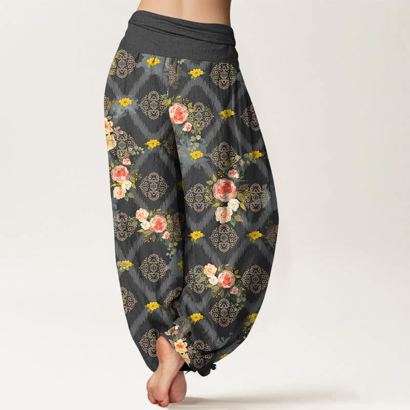Buddha Stones Pantaloni harem da donna in cotone con motivo floreale geometrico e colorato a rose e vita elasticizzata. - Image 7