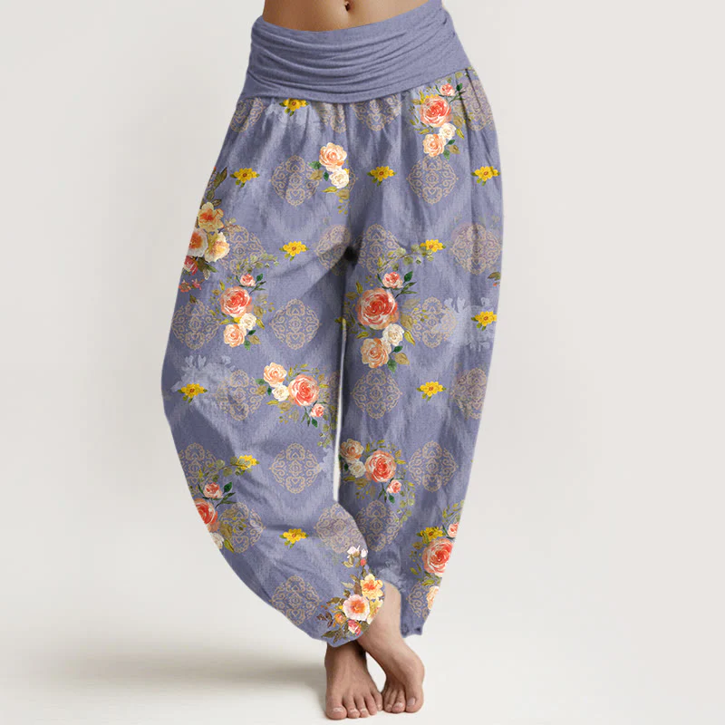Buddha Stones Pantaloni harem da donna in cotone con motivo floreale geometrico e colorato a rose e vita elasticizzata. - Image 9
