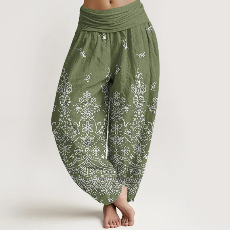 Buddha Stones Pantaloni harem da donna in cotone con motivo floreale mandala bianco e vita elasticizzata