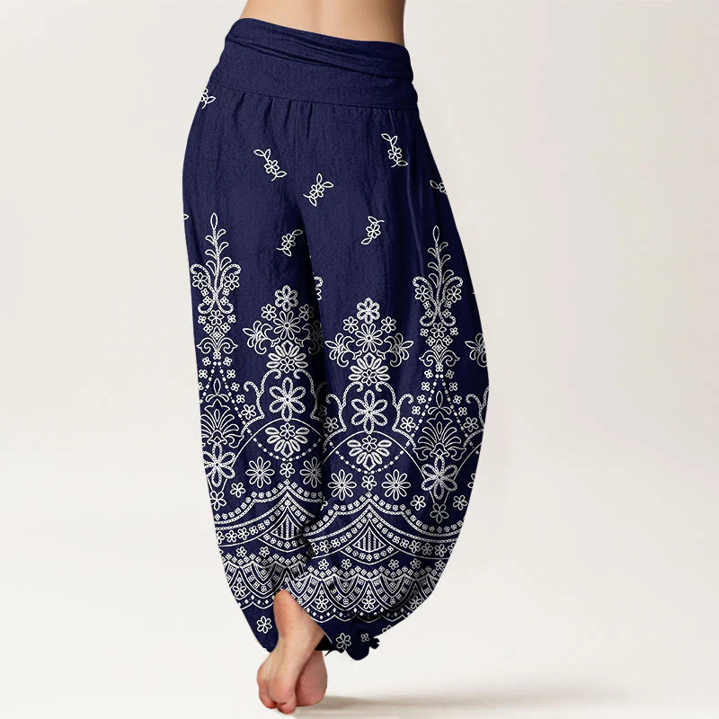 Buddha Stones Pantaloni harem da donna in cotone con motivo floreale mandala bianco e vita elasticizzata - Image 10