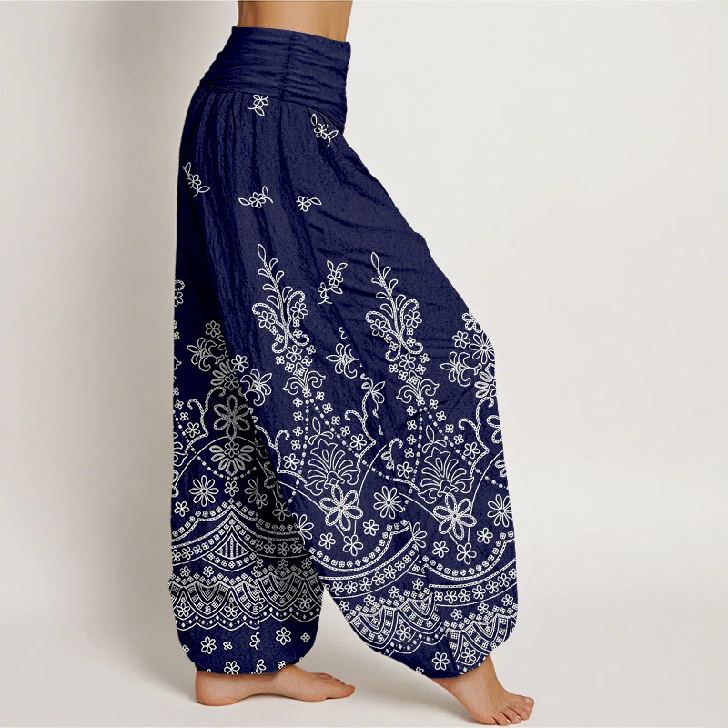 Buddha Stones Pantaloni harem da donna in cotone con motivo floreale mandala bianco e vita elasticizzata - Image 11