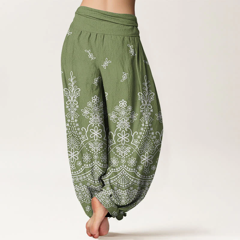 Buddha Stones Pantaloni harem da donna in cotone con motivo floreale mandala bianco e vita elasticizzata - Image 2