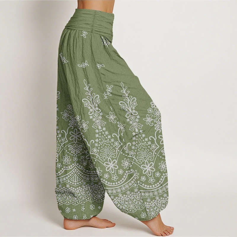 Buddha Stones Pantaloni harem da donna in cotone con motivo floreale mandala bianco e vita elasticizzata - Image 3