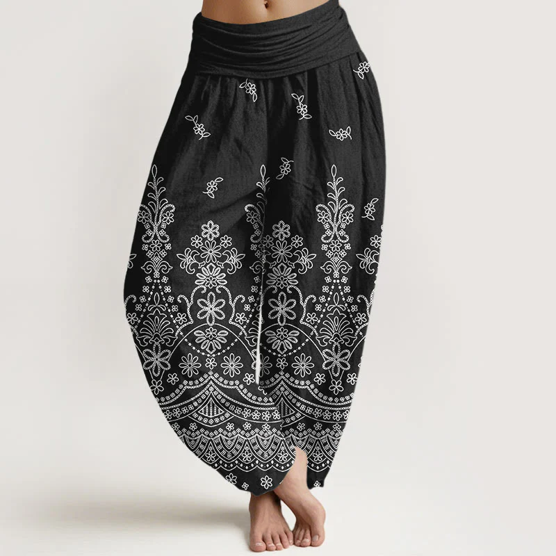 Buddha Stones Pantaloni harem da donna in cotone con motivo floreale mandala bianco e vita elasticizzata - Image 6