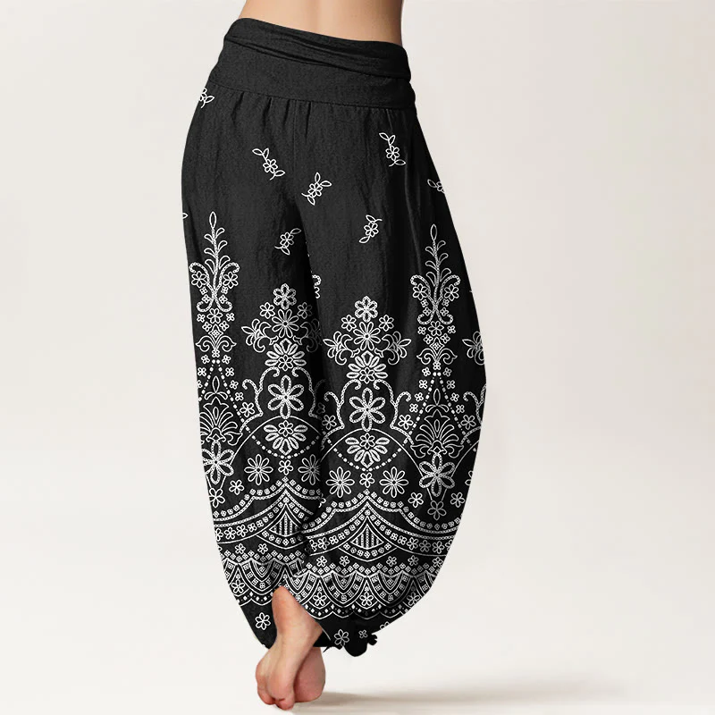 Buddha Stones Pantaloni harem da donna in cotone con motivo floreale mandala bianco e vita elasticizzata - Image 7