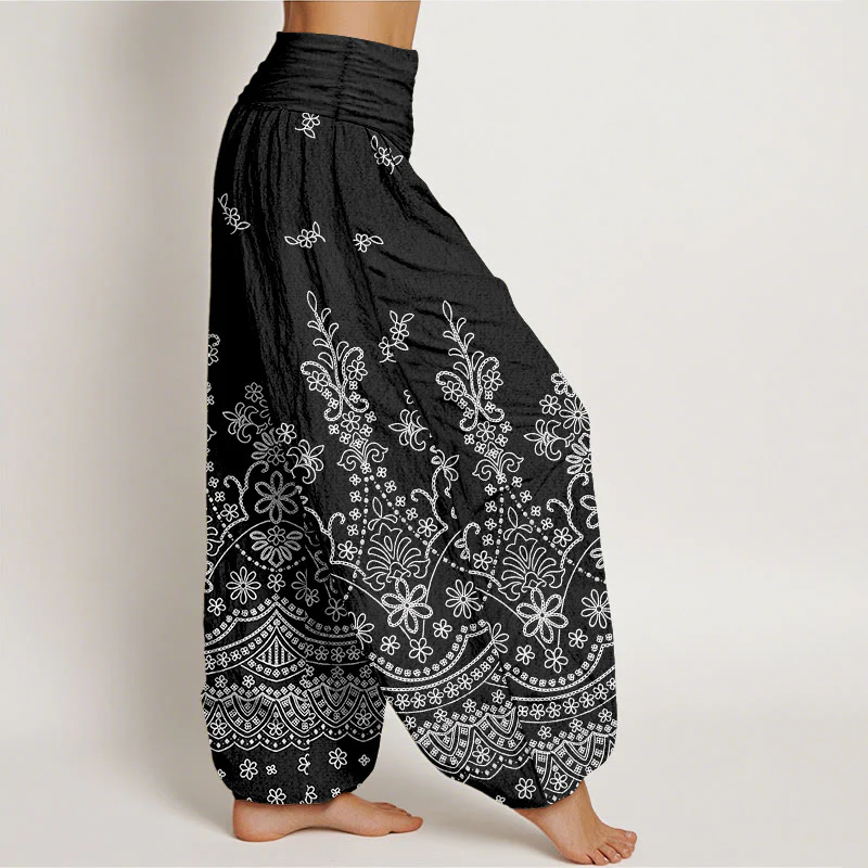 Buddha Stones Pantaloni harem da donna in cotone con motivo floreale mandala bianco e vita elasticizzata - Image 8