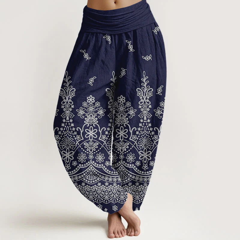 Buddha Stones Pantaloni harem da donna in cotone con motivo floreale mandala bianco e vita elasticizzata - Image 9