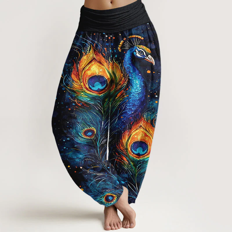 Buddha Stones Pantaloni harem da donna in cotone con motivo pavone e cielo stellato, con elastico in vita.